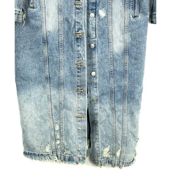Mustard Seed Women L Destructed Denim Blue Jacket Long Jean Button Up Biker R4 - Picture 8 of 12
